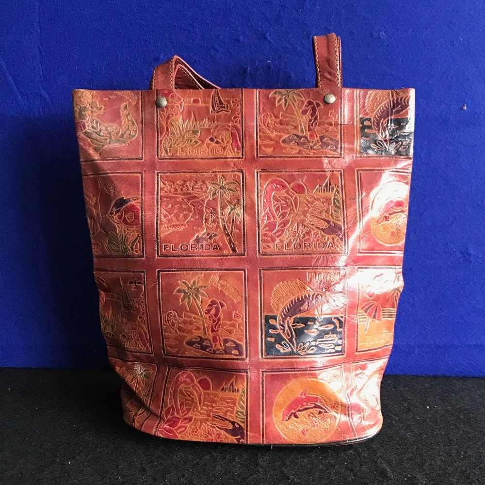 Colorful Leather Tote/Handbag embossed with Florida State Design; Medium size
